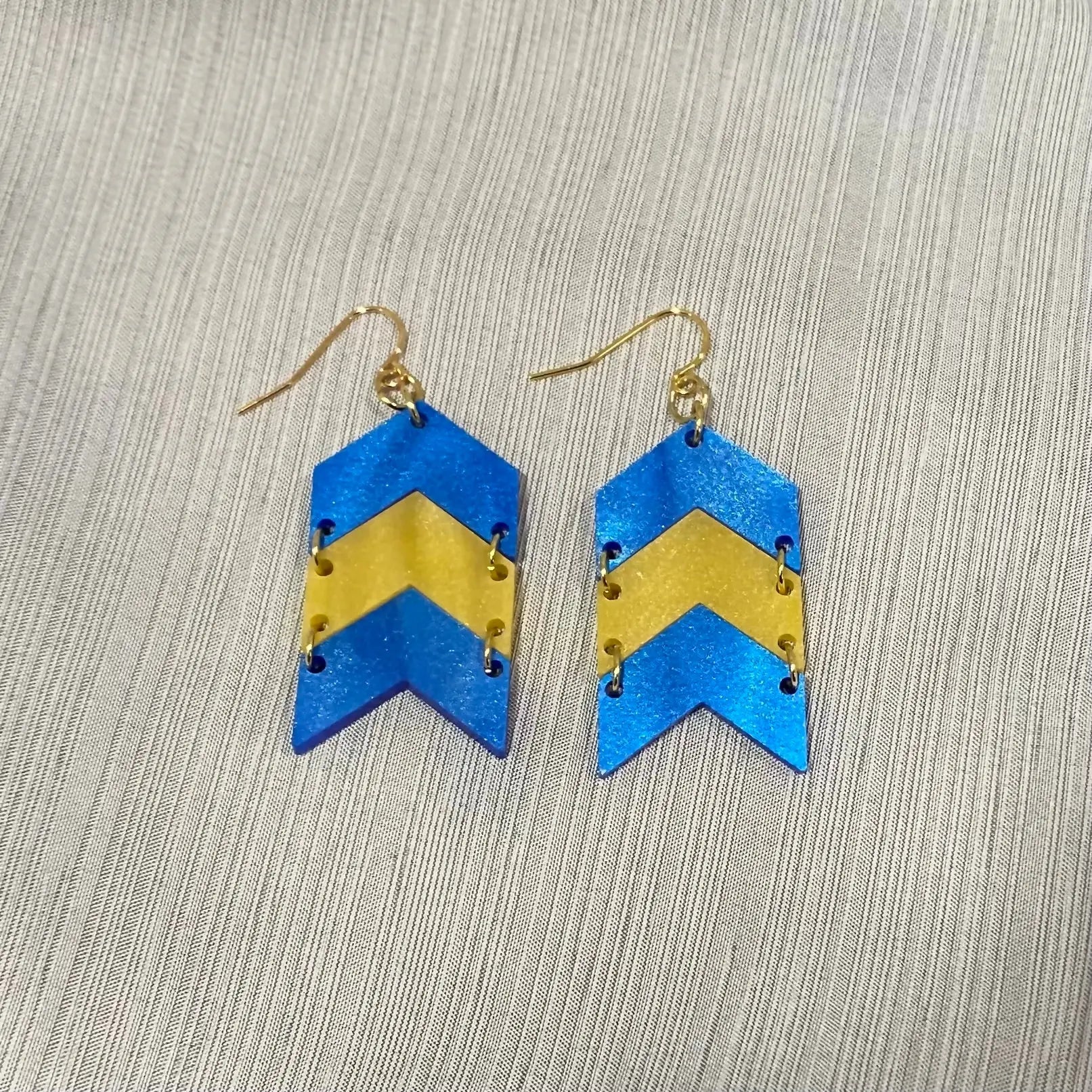Blue & Yellow Chevron Dangle Earrings: Handmade Acrylic Statement Jewelry, Hypoallergenic Hooks