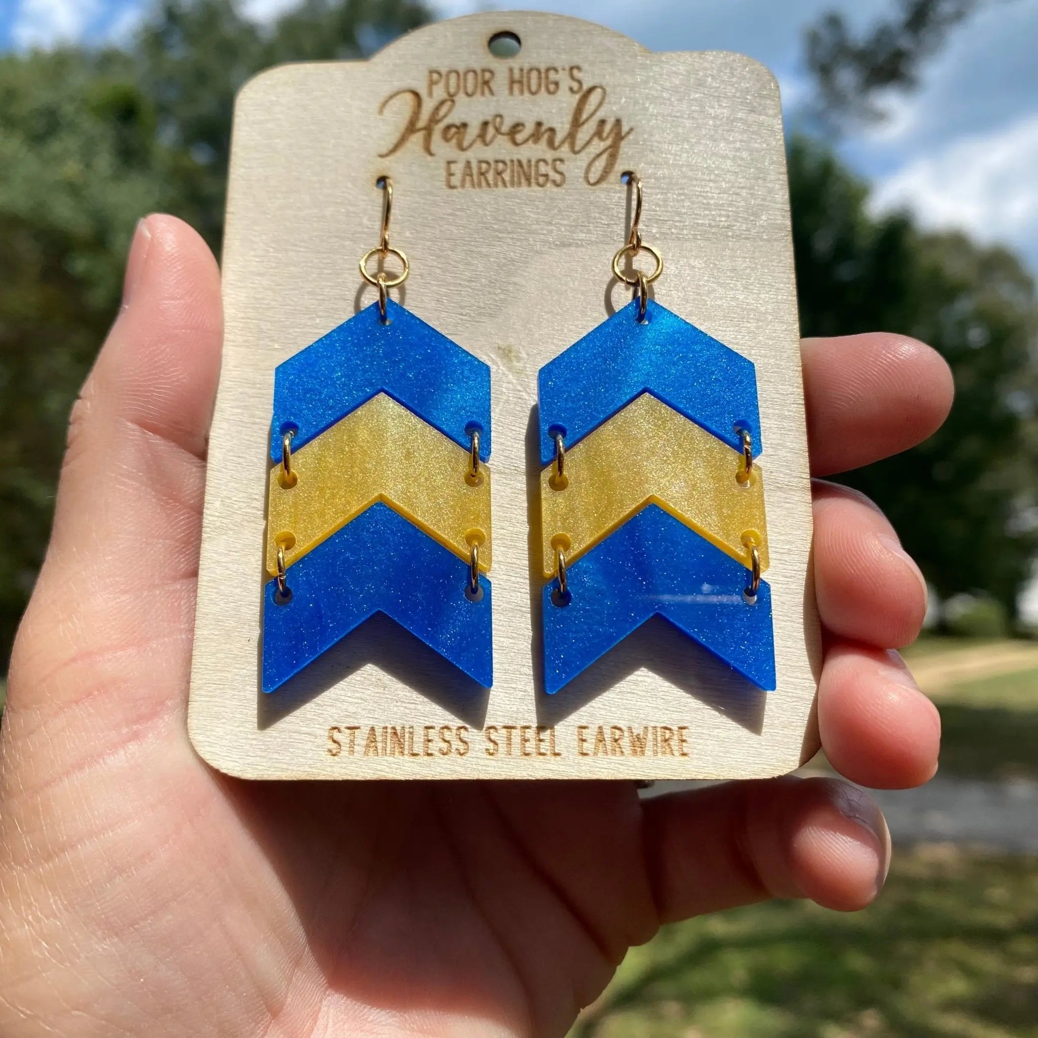Yellow and Blue Pearl Acrylic Chevron Dangle Earrings Handmade in Mississippi