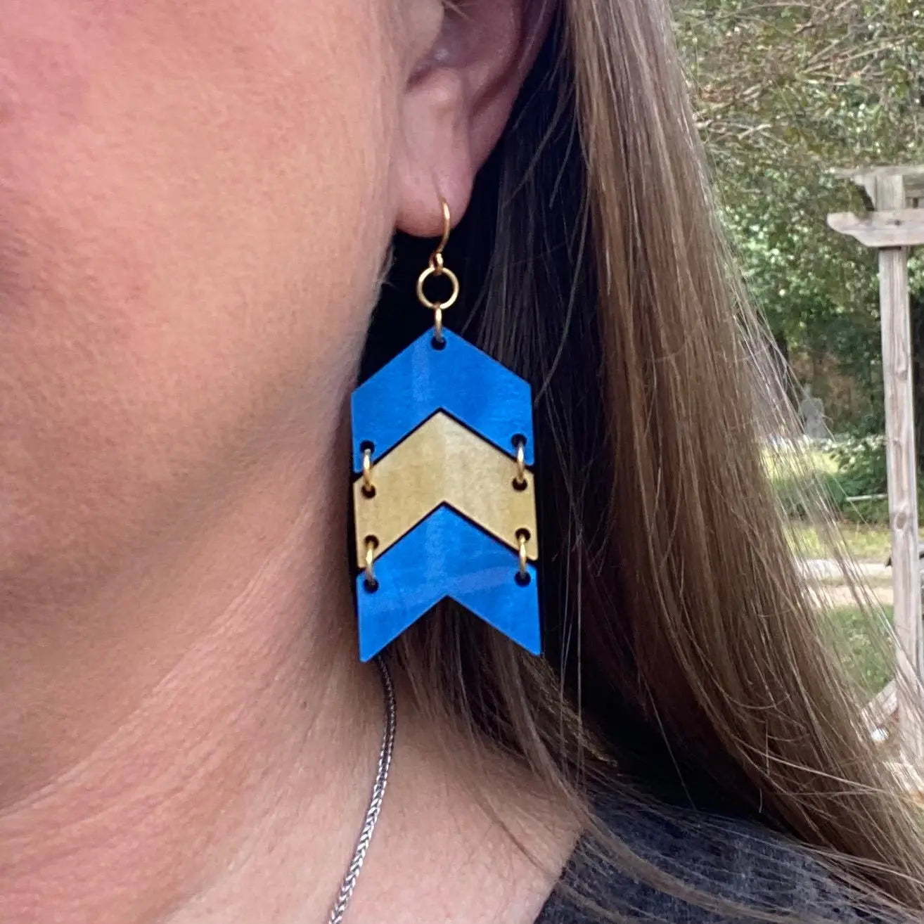 Blue and Gold Chevron Dangle Earrings - Handmade Acrylic Jewelry by Main Street Collective