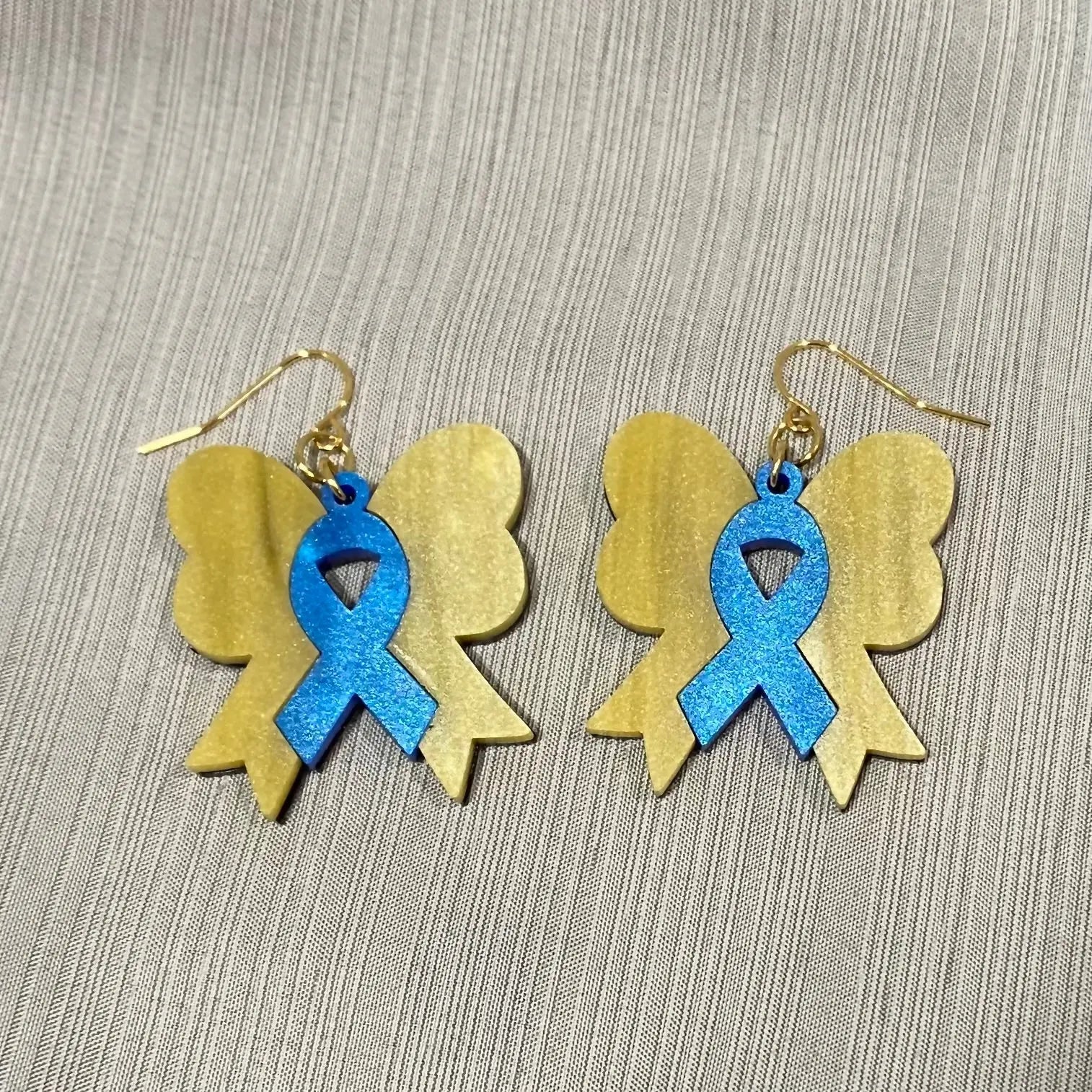 Yellow and Blue Ribbon Bow Earrings: Down Syndrome Awareness, Handmade Jewelry.