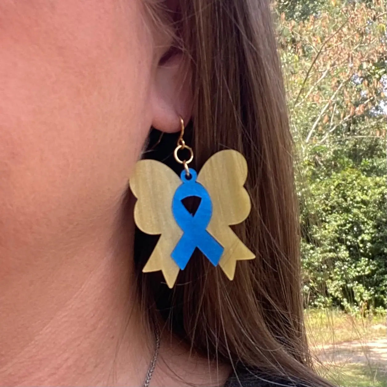 Yellow and Blue Ribbon Bow Earrings - Down Syndrome Awareness Jewelry, Handmade