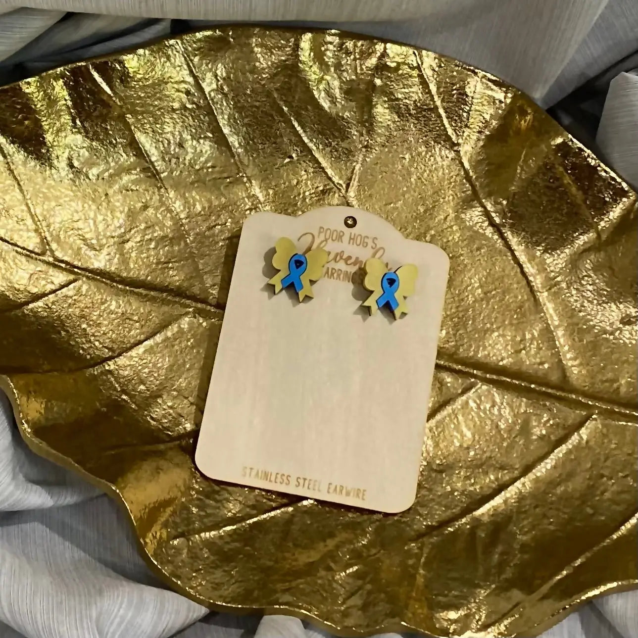 Yellow & Blue Ribbon Bow Earrings - Down Syndrome Awareness Acrylic Studs
