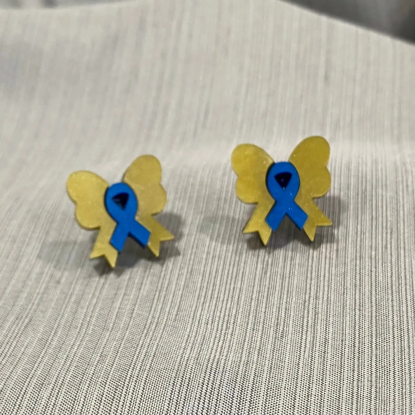 Yellow & Blue Ribbon Bow Pearl Acrylic Earrings: Down Syndrome Awareness Jewelry