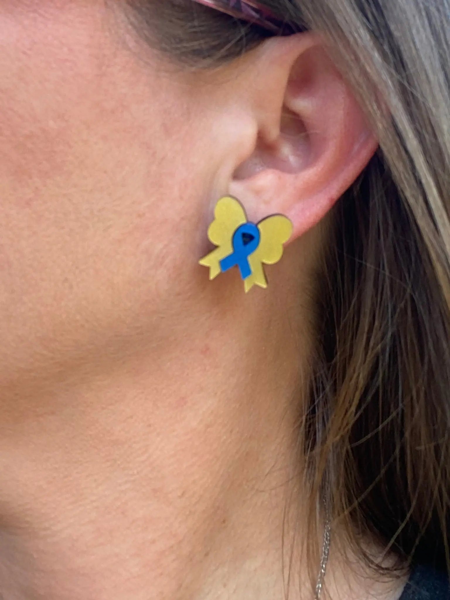 Down Syndrome Awareness Earrings: Yellow & Blue Ribbon Bow Studs - Support Special Needs!