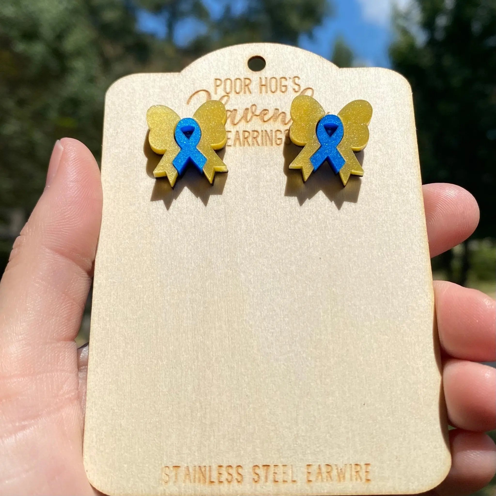 Yellow & Blue Ribbon Bow Earrings - Down Syndrome Awareness Jewelry by Main Street Collective
