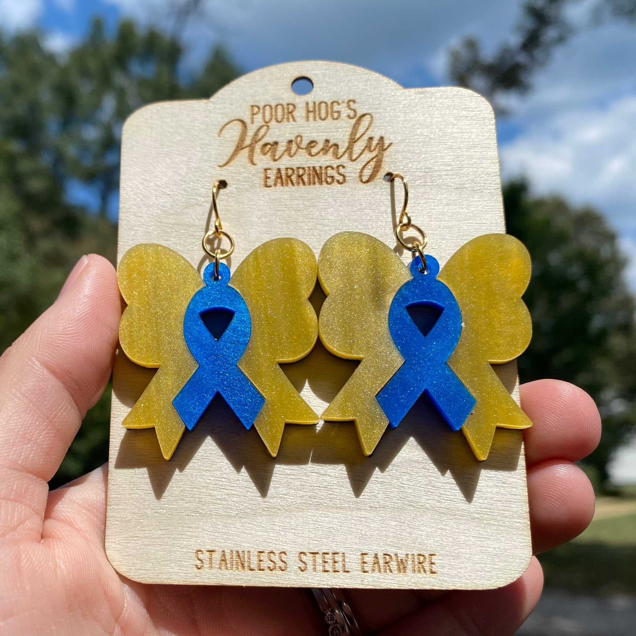 Yellow & Blue Ribbon Bow Earrings: Awareness Support, Pearl Acrylic, Handmade