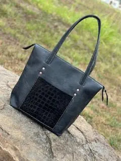 Black Leather Zippered Purse with Pouch - Handmade Tote Bag by Main Street Collective