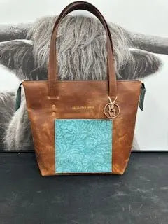 Brown Leather Zippered Tote Purse with Turquoise Accent & Concealed Carry Pocket - Main Street Collective