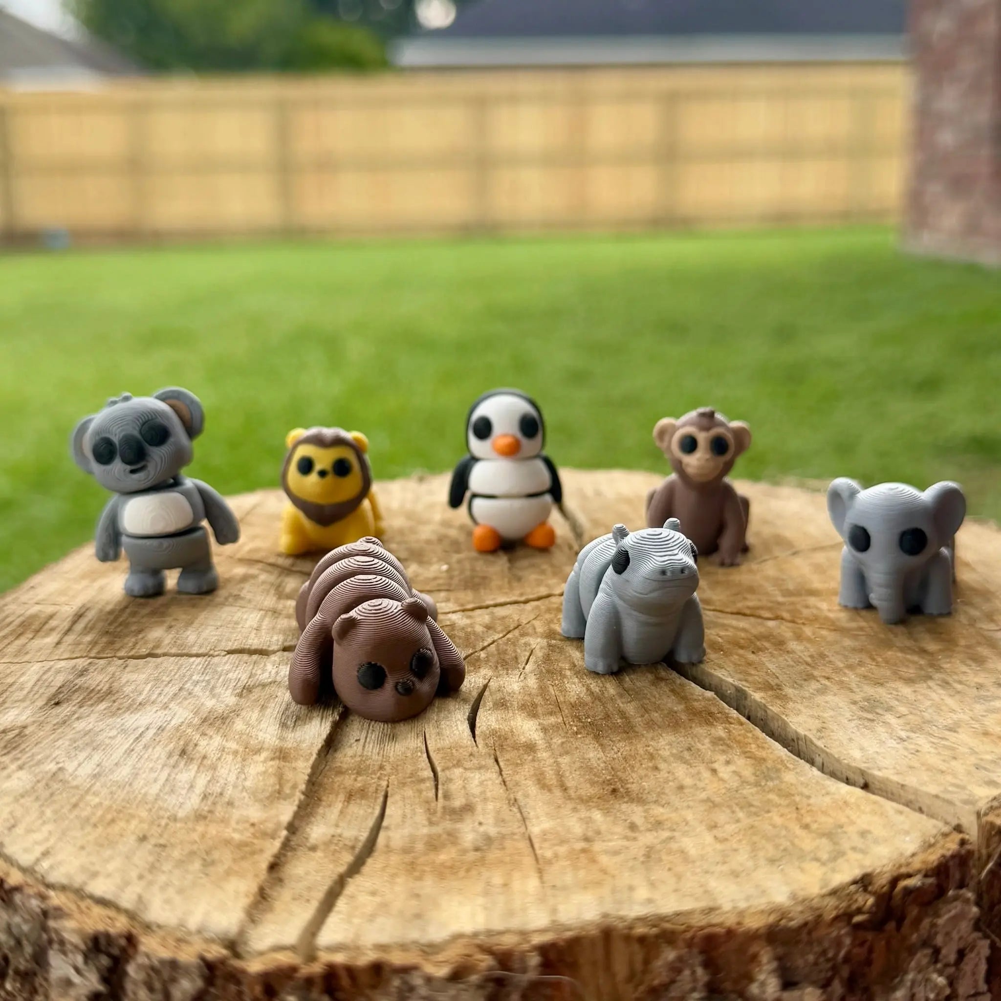 3D printed zoo animals: koala, lion, elephant, penguin, hippo, monkey, bear fidget toys from Main Street Collective.