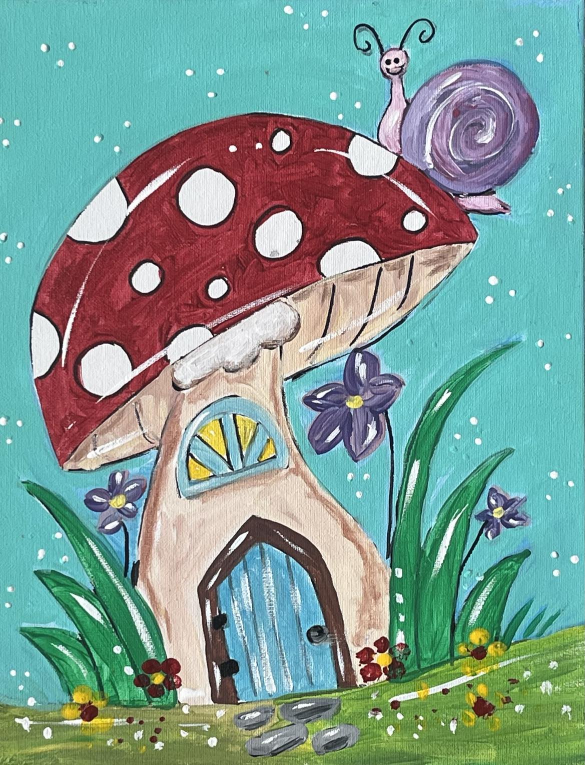 Mushroom Cottage Painting: DIY Canvas Art with Snail