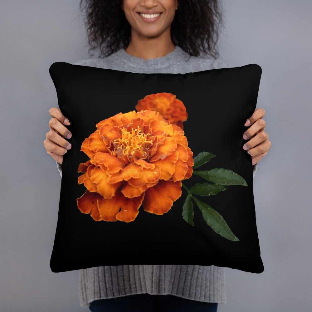 Orange Marigold Flower Pillow - Decorative Throw Pillow for Home Decor, Soft Polyester Cushion