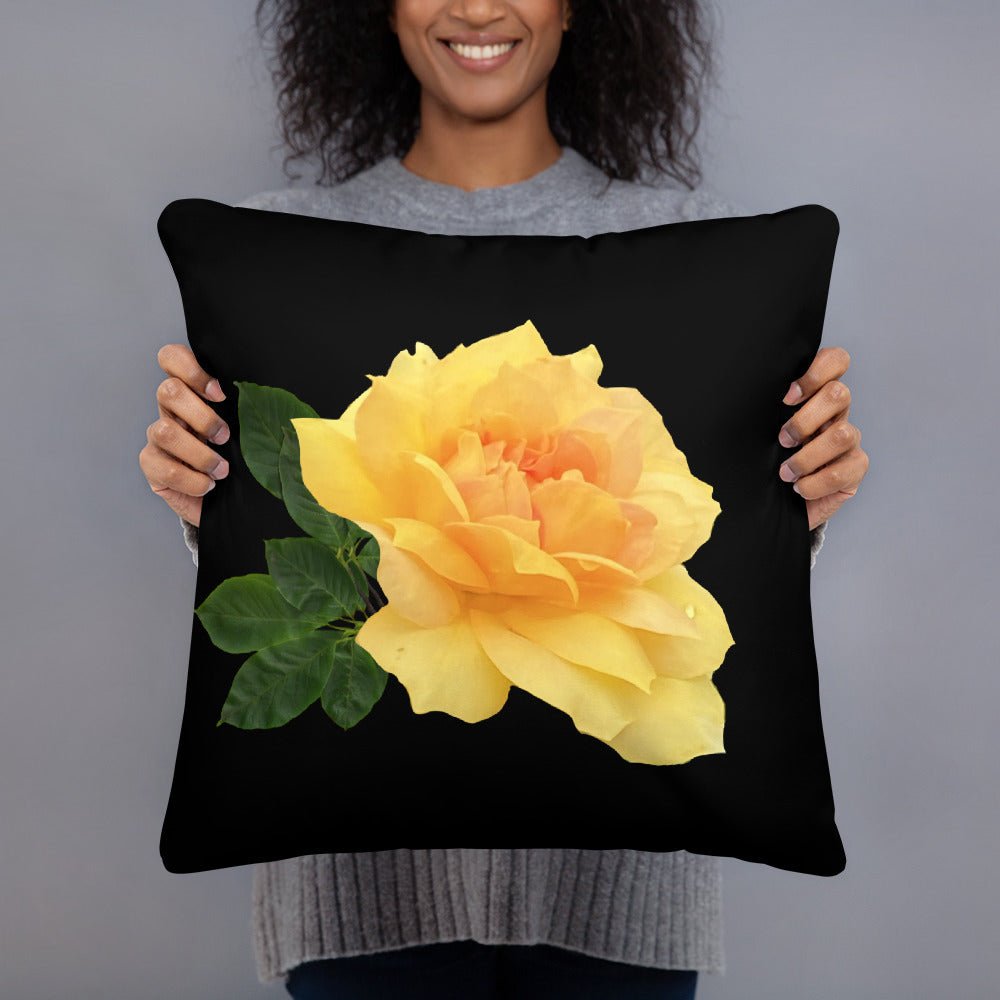 Yellow Rose Pillow - Main Street Collective: Soft floral pillow with vibrant yellow rose design on a black background. Cozy home decor.