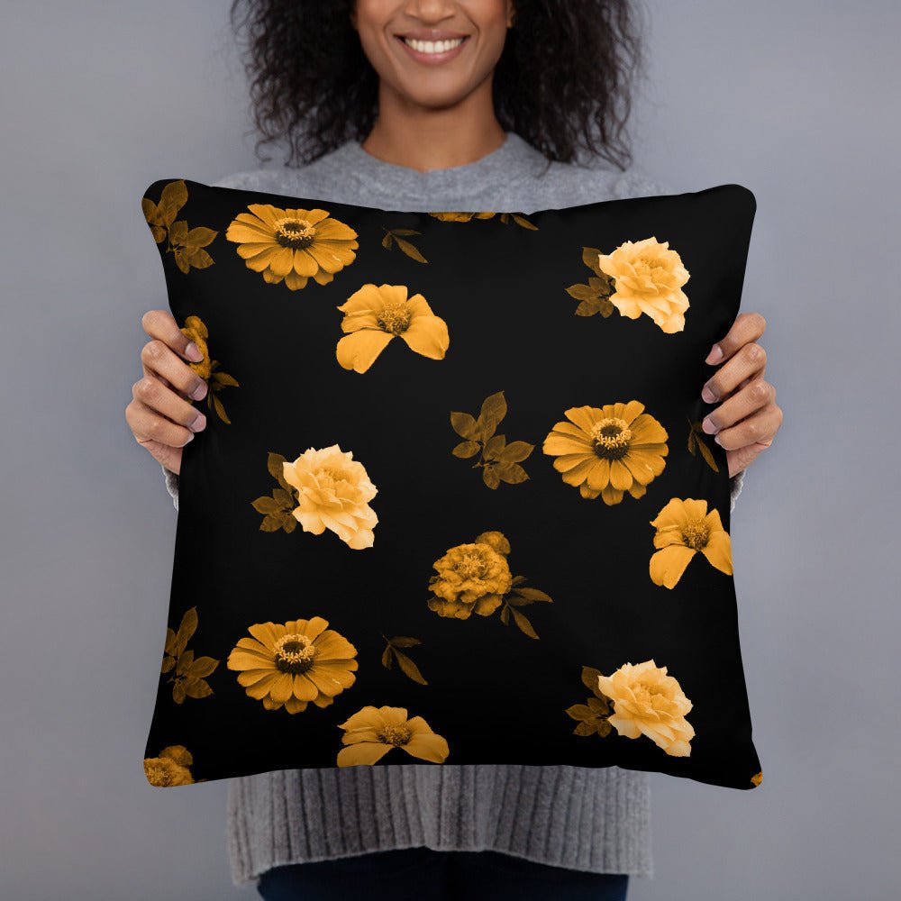 Floral Pillow - Black Pillow with Gold Flowers - Throw Pillow Home Decor - Main Street Collective
