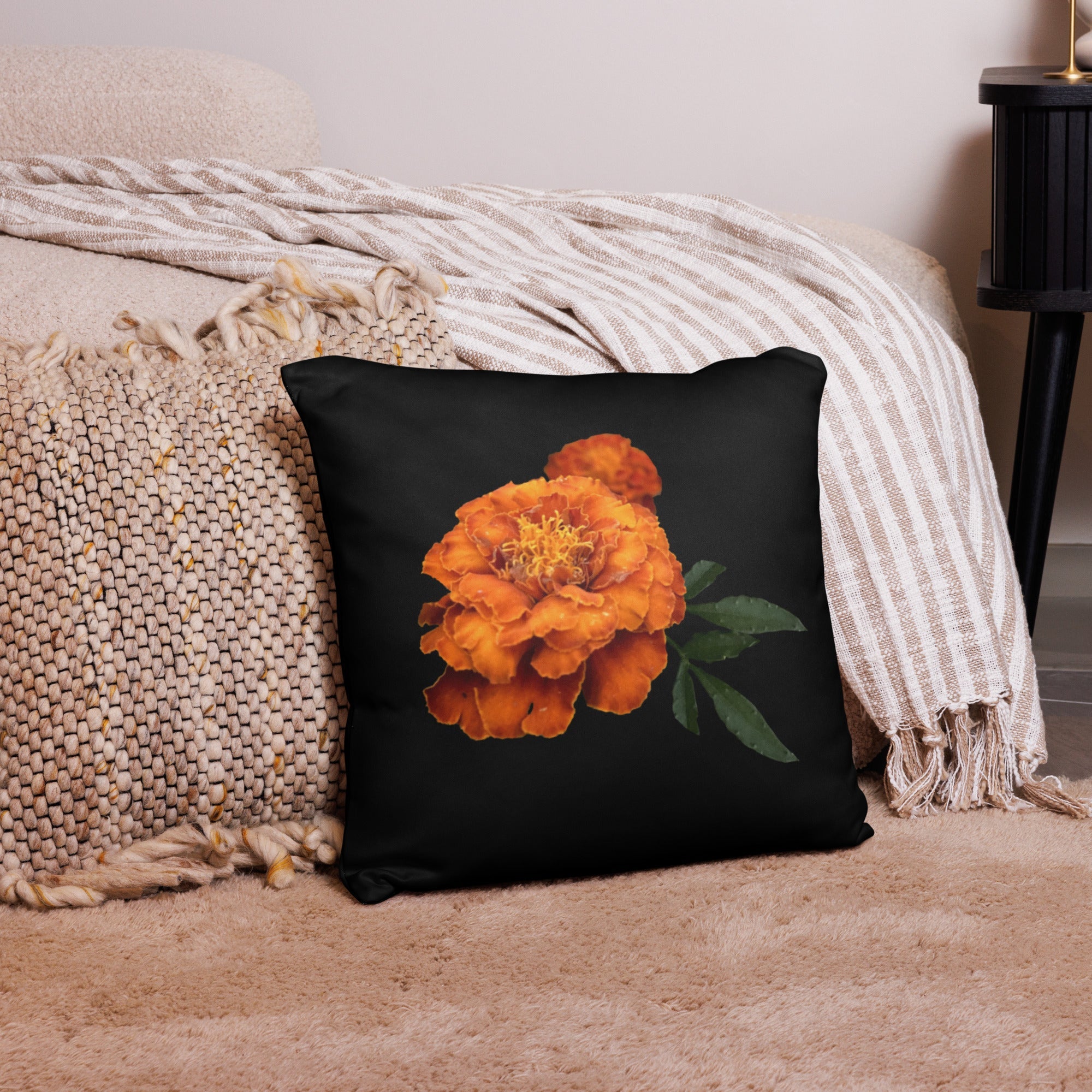 Orange Flower Pillow: Black Throw Pillow with Floral Design for Home Decor on Bed
