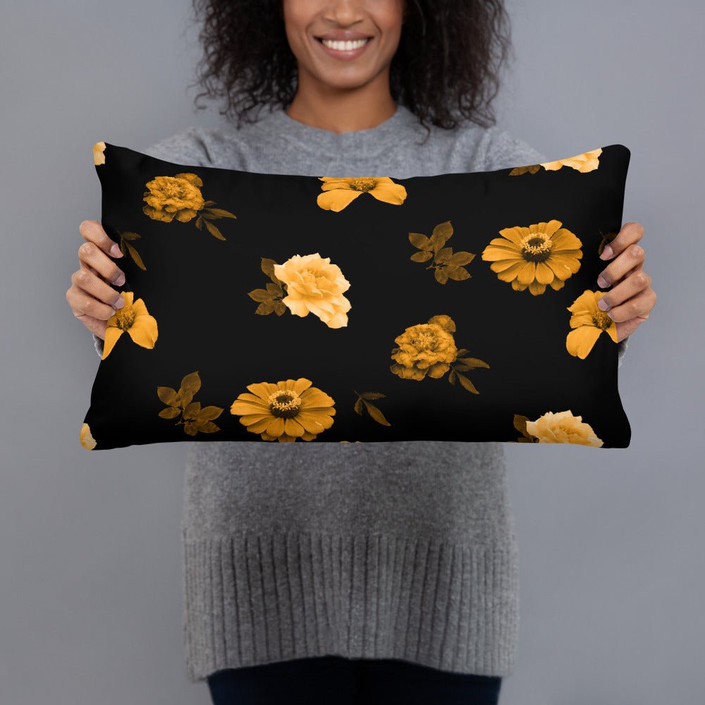 Main Street Collective floral pillow: Black throw pillow with yellow flower pattern for home decor.