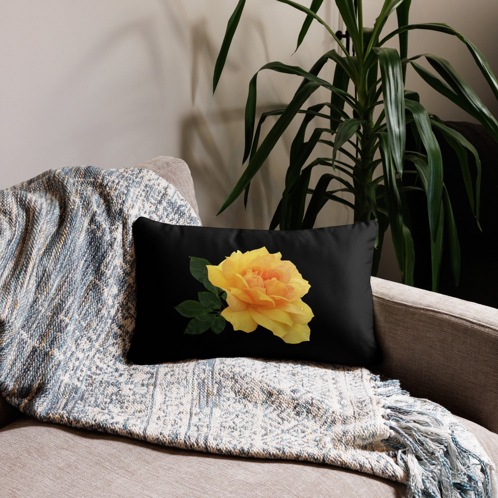 Yellow Rose Pillow on Couch - Black Throw Pillow Lumbar - Main Street Collective