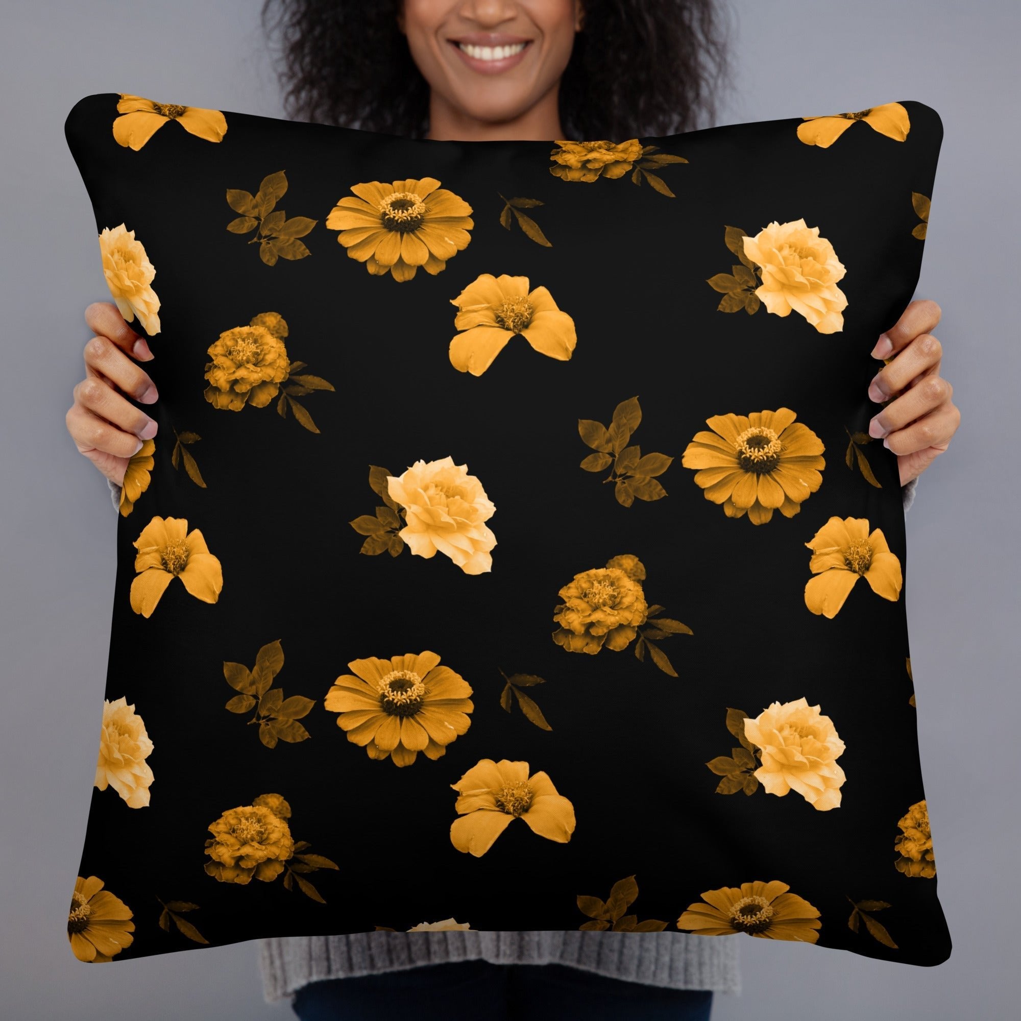 Floral Pillow: Golden Flowers on Black - Decorative Throw Pillow for Home Decor