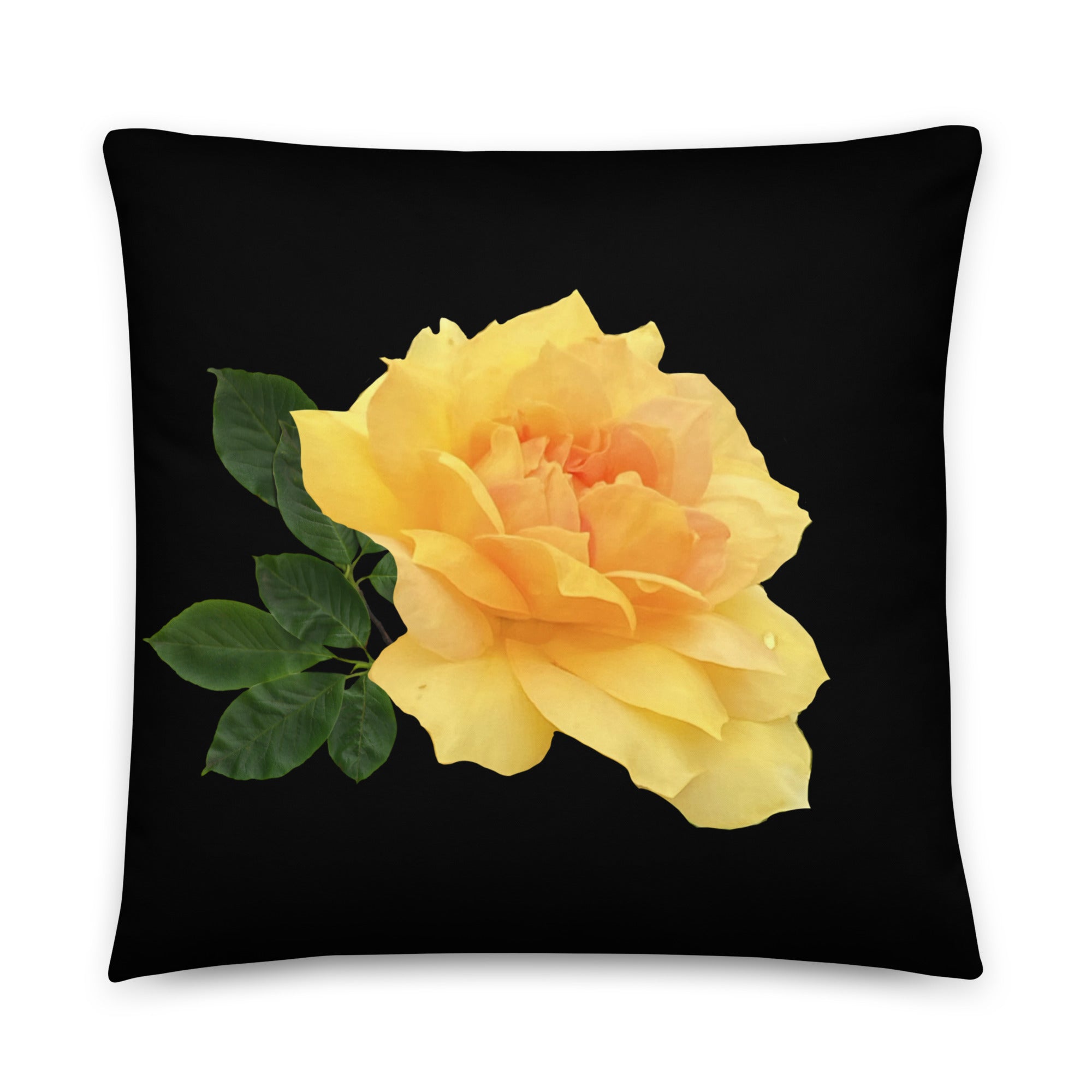 Yellow Rose Pillow: Elegant floral throw pillow. Decorative cushion for home decor. Black background. Soft, machine-washable, and stylish.