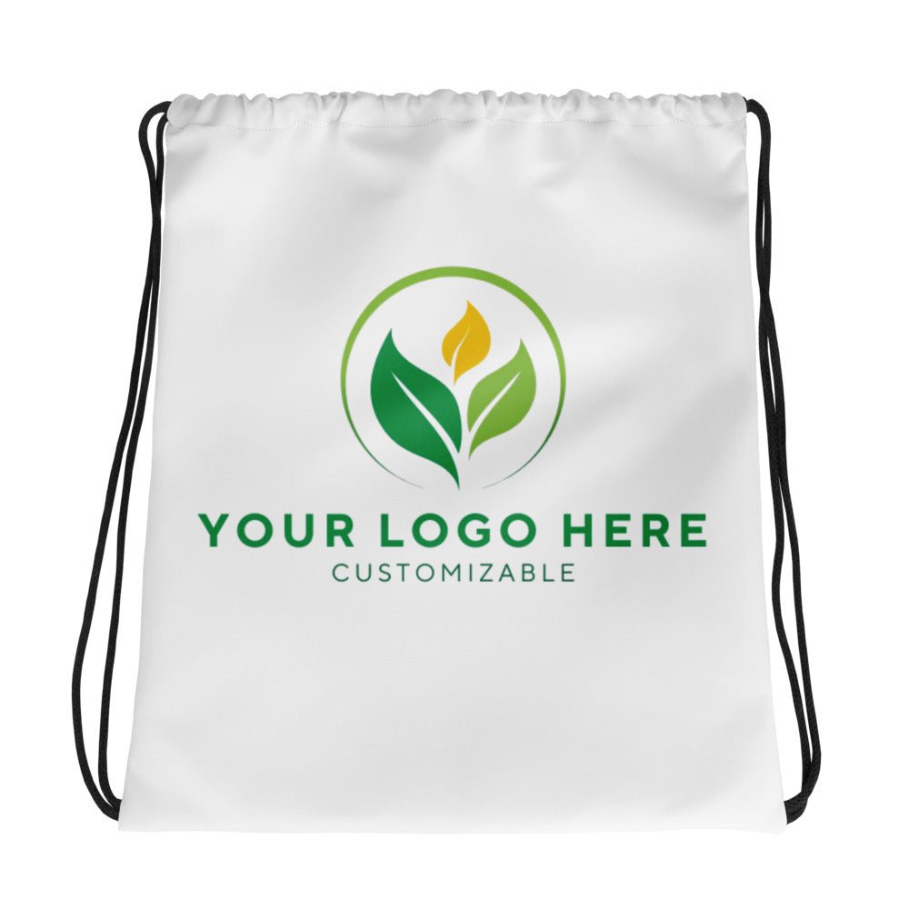 Custom Drawstring Bag: White polyester bag with logo. Promotional customizable swag bag for events or teams.