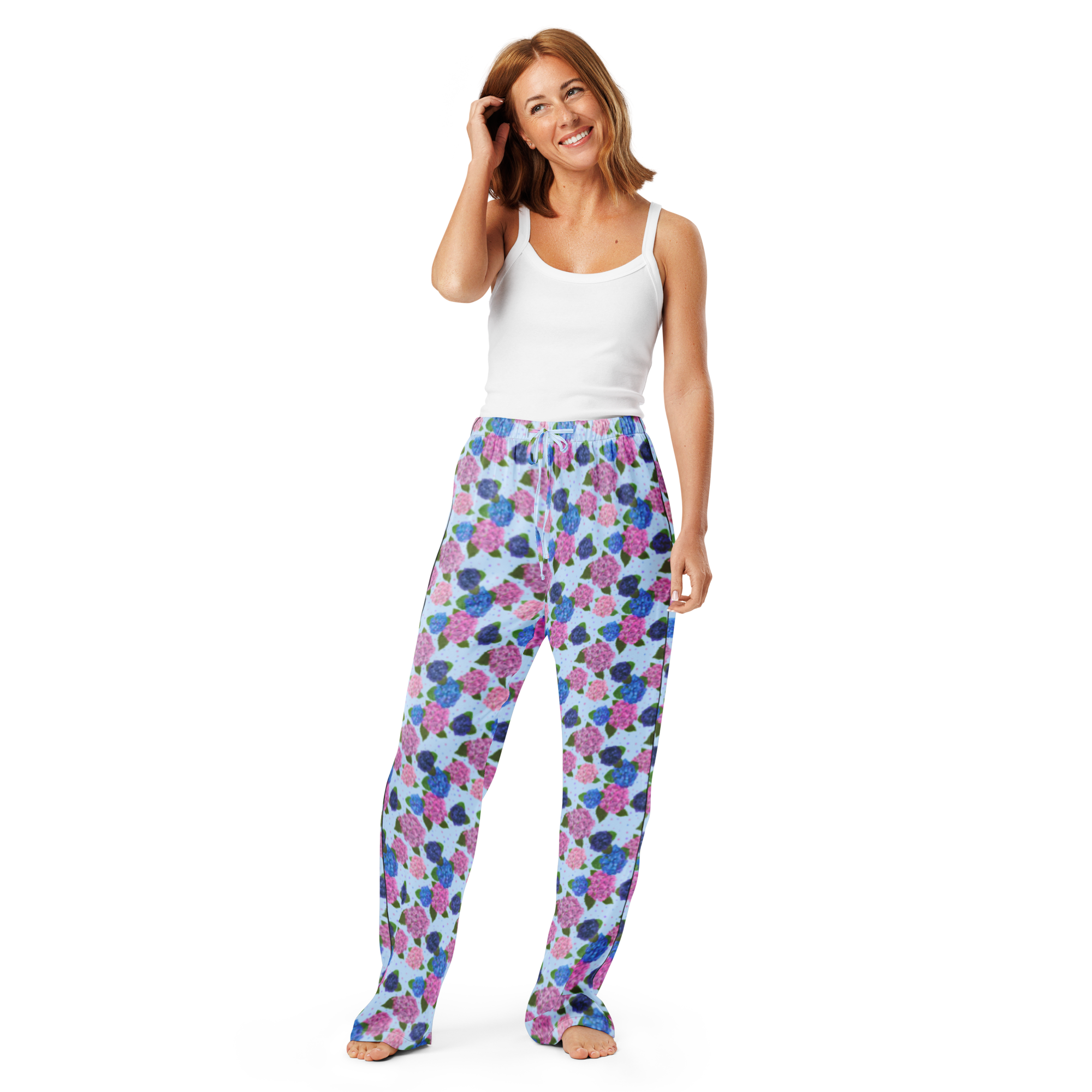 Woman in Floral Hydrangea Pajama Pants - Main Street Collective Loungewear