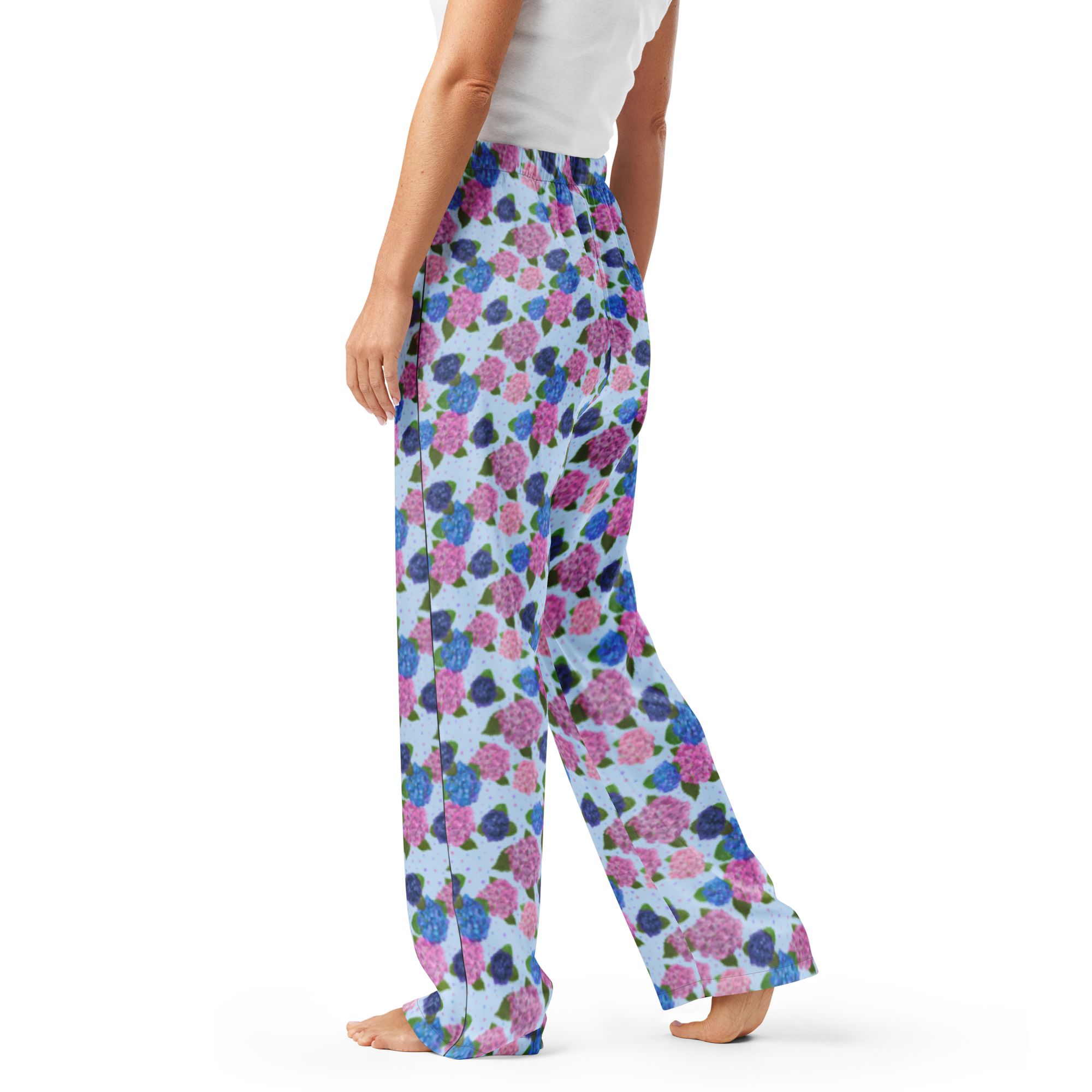 Hydrangea Pajama Pants: Floral Loungewear by Main Street Collective. Comfy floral pajama bottoms with pink and blue hydrangeas.