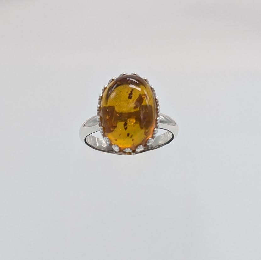Honey-gold Amber Ring, Sterling Silver Setting, Size 6 - Elegant Jewelry