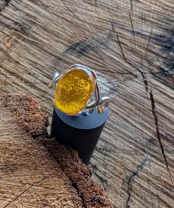 Amber Ring Sterling Silver, Size 7, Golden Gemstone, Handmade Jewelry Mississippi