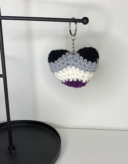 Asexual Pride Heart Keychain - Crochet LGBTQ Accessory - Black, Grey, White, Purple