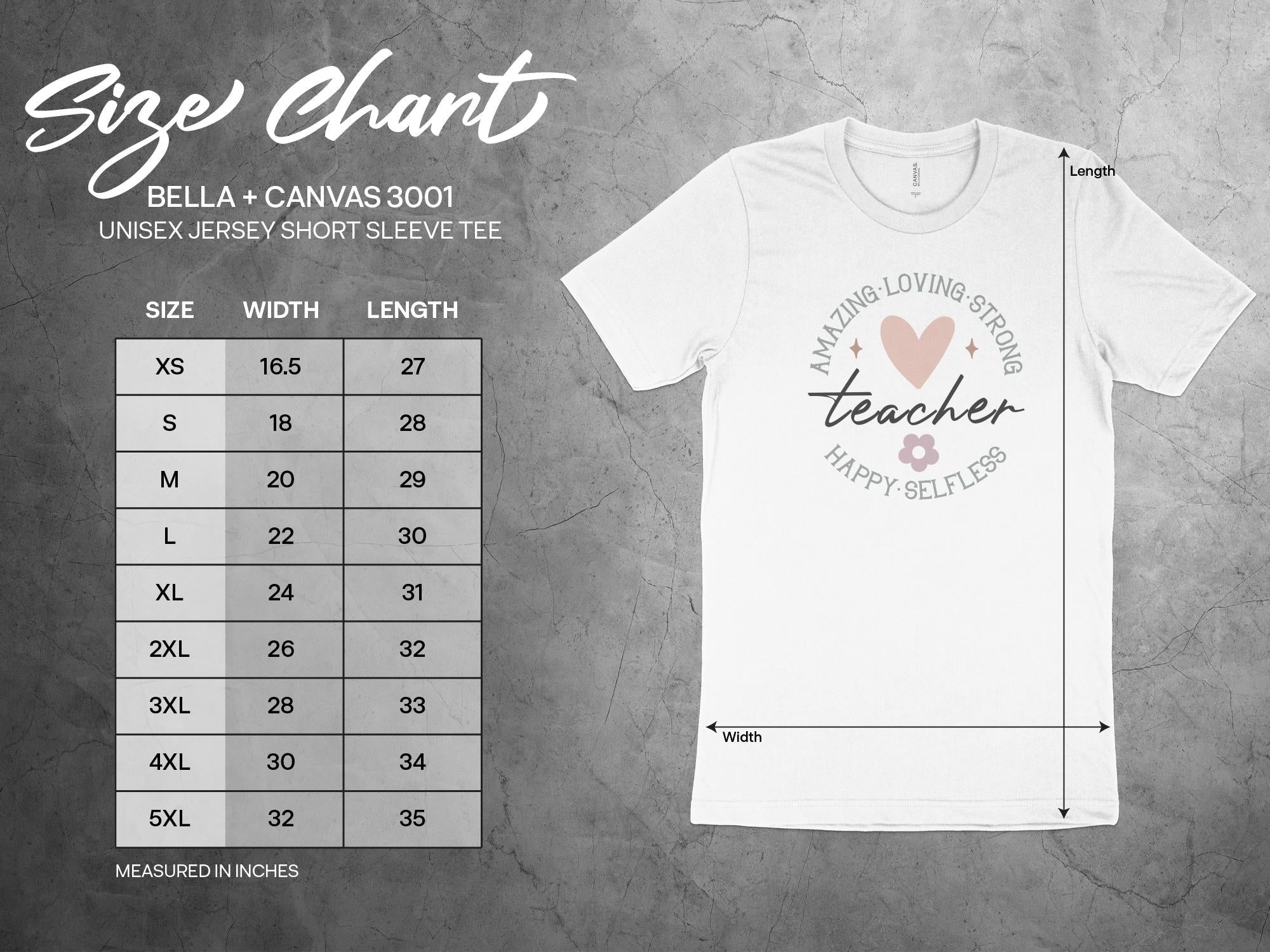 Bella+Canvas 3001 T-Shirt Size Chart: XS-5XL Unisex Jersey Tee Measurements