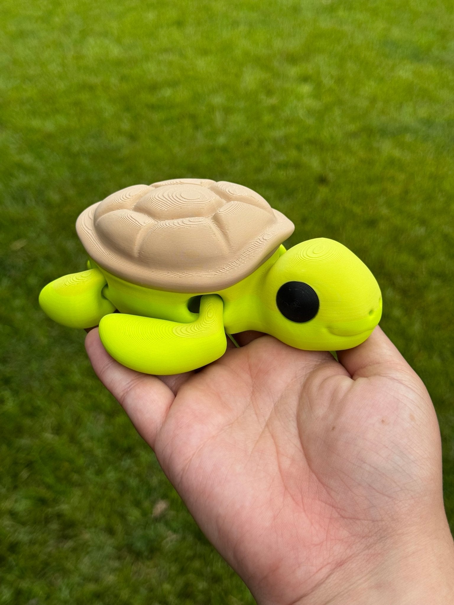3D printed turtle fidget toy held in hand. Green and beige colors, turtle shell, cute face, fun toy, 3D printing