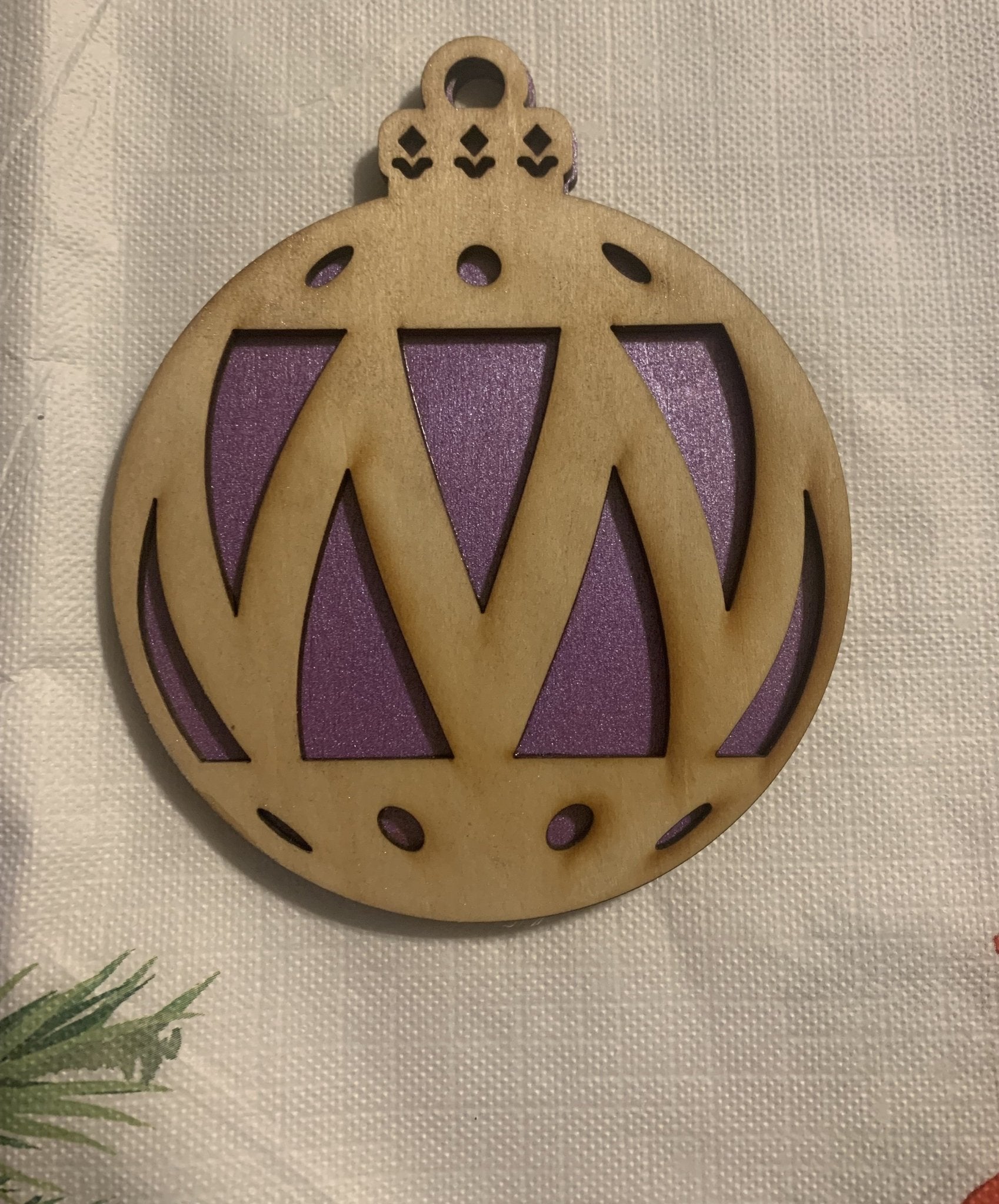 Laser Cut Wooden Christmas Ornament: Purple & Natural Wood, Modern Geometric Design, Tree Decoration