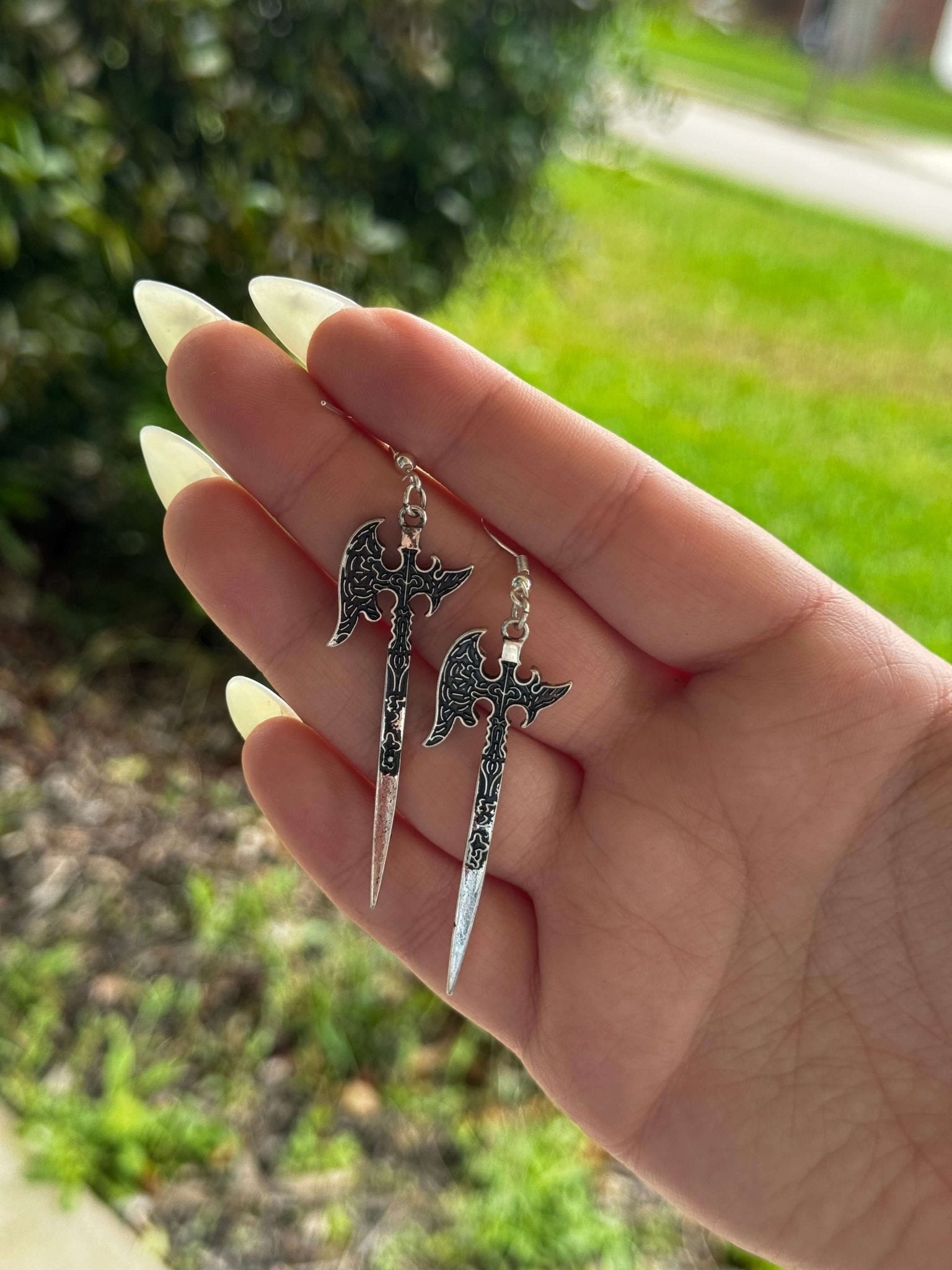 Battle Axe Earrings: Handmade Fantasy Jewelry by Mushroom Lady Co. Unique Sword Earrings for RPG & Cosplay Fans