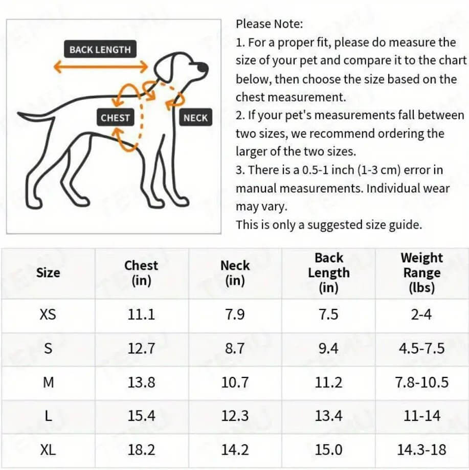Dog Jacket Size Chart: Coastal Couture - Find the perfect fit for your pup! XS-XL sizing guide.