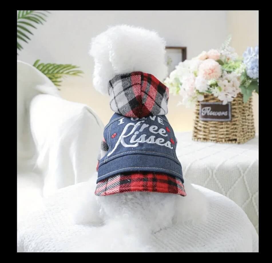 Denim Dog Jacket with Plaid Hood: Cute pet apparel with \"I Give Free Kisses\"! Shop now for stylish dog clothes.