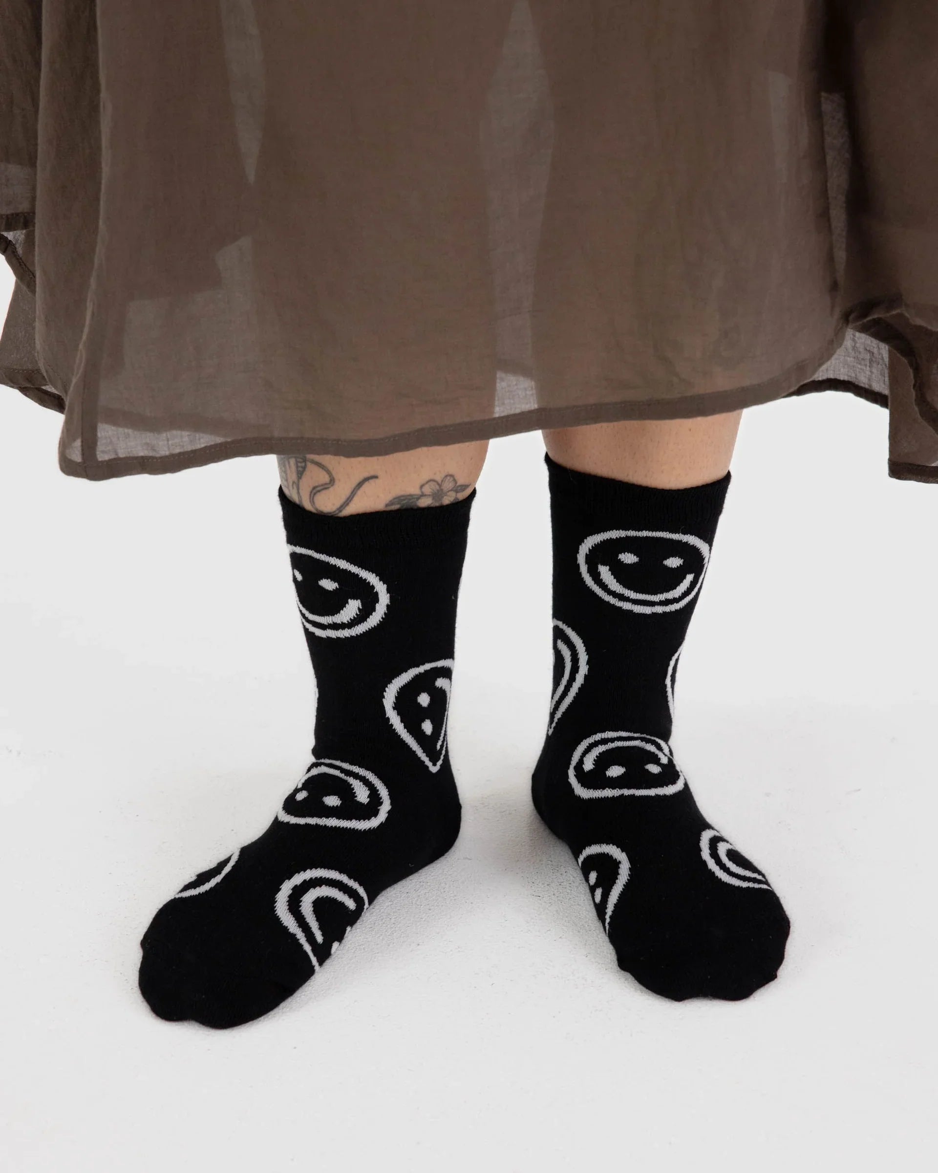 BAGGU Crew Socks - Black Happy with Smiling Faces Pattern from Main Street Collective L.L.C.