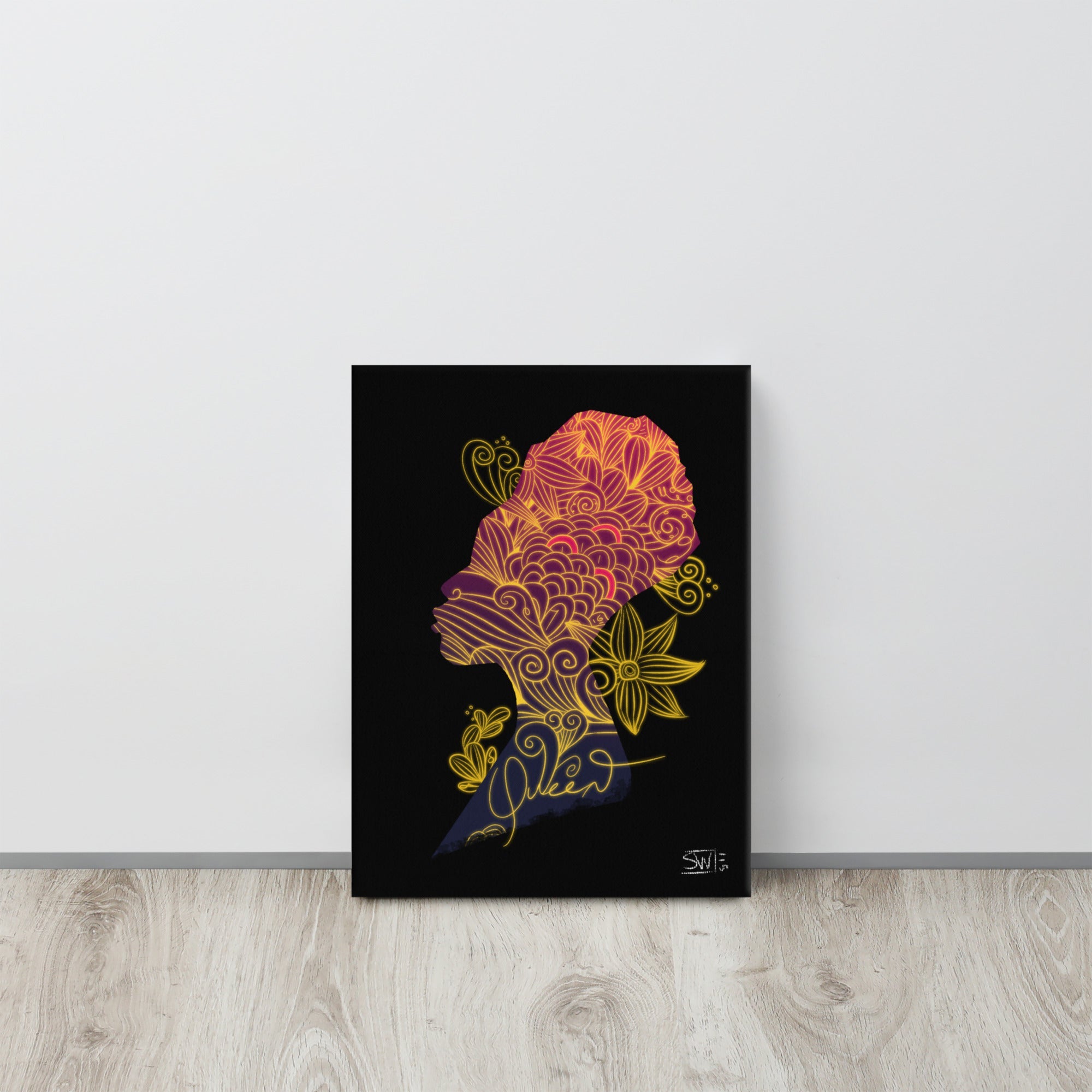 Queen Canvas Print: Artistic silhouette of Black woman with floral design and "Queen" inscription.