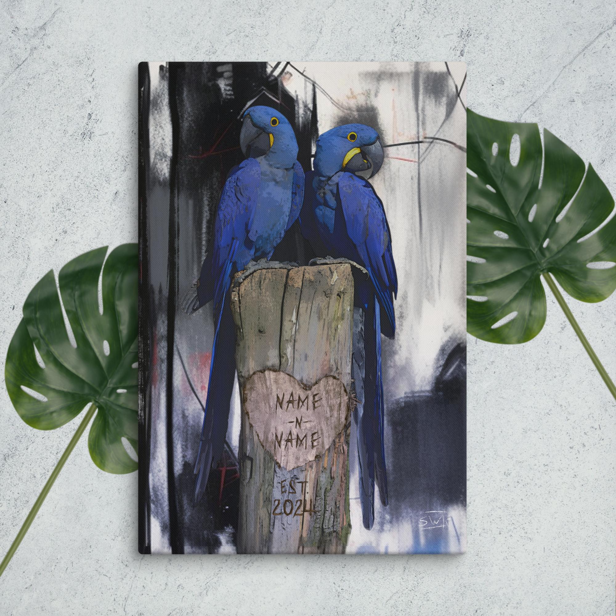 Hyacinth Macaw Anniversary Canvas: Personalized Lovebirds Art, Est. 2024, Romantic Gift