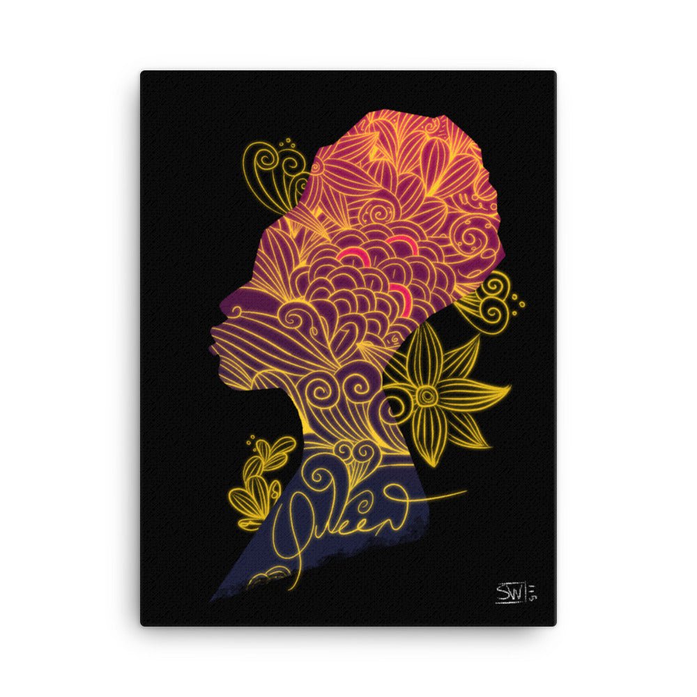 Queen Canvas Print: African Woman Silhouette Art, Gold Floral Design on Black Background. Stylish Wall Decor.