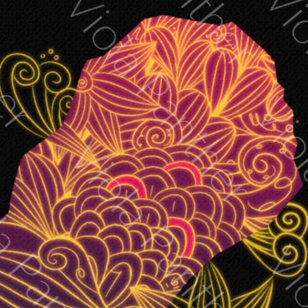 Floral Head Canvas Print: Abstract art with yellow flowers and purple design on black, unique wall decor.