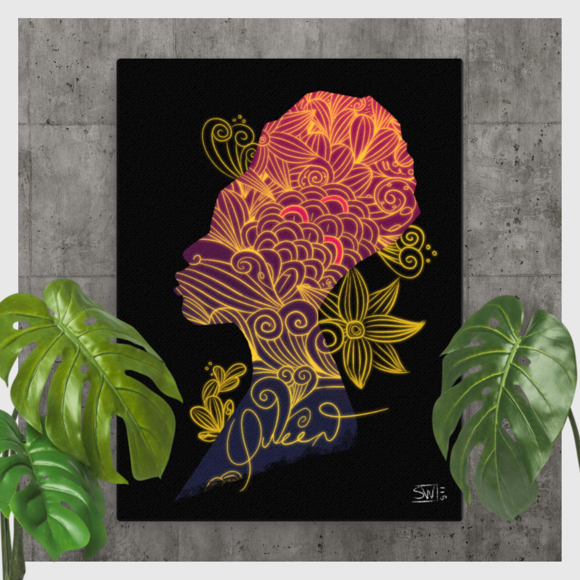 Queen Canvas Art: Stylized African Woman Profile with Floral Design, Black Background | Main Street Collective