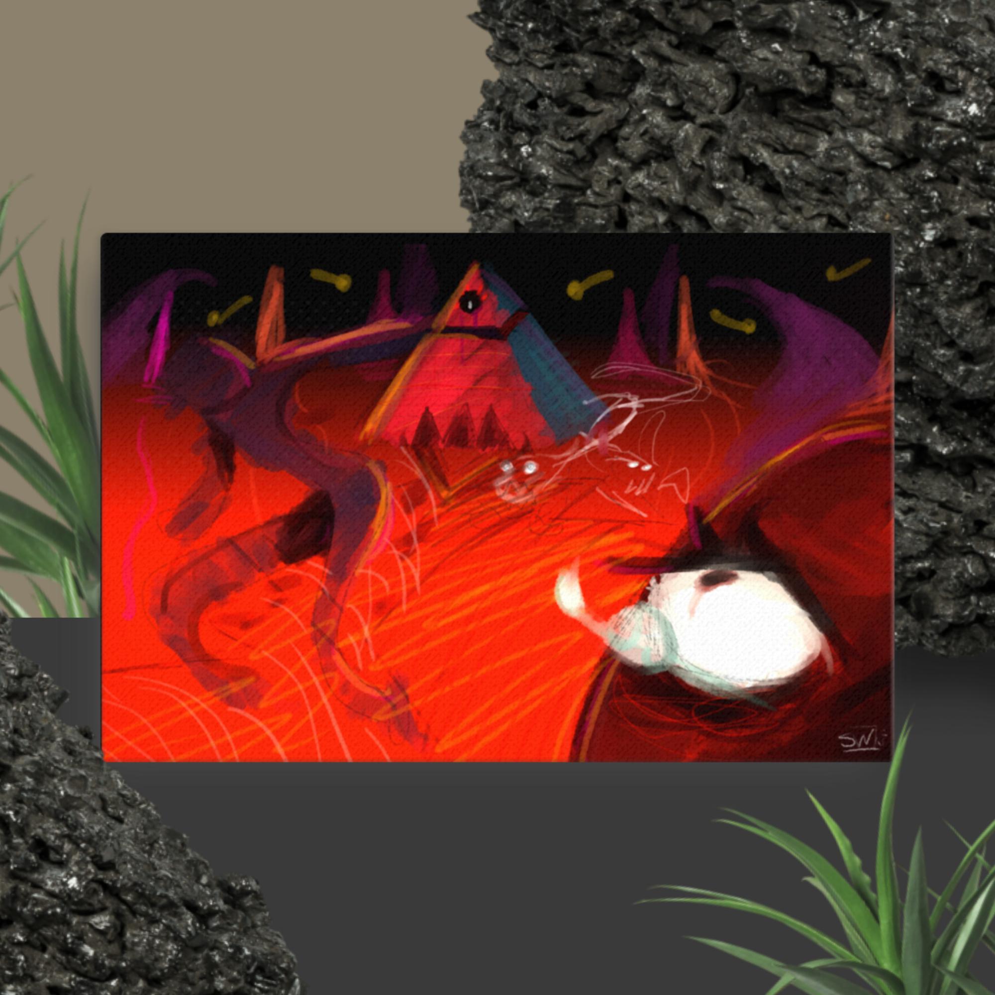 Power of the Empire Canvas Print: Abstract surrealism, red, purple, pyramid, and mysterious figure by Viola Panther. #art #canvas #surrealism