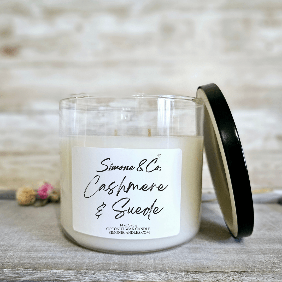 Simone & Co. Cashmere & Suede Candle: Luxury Scented Candle with Vanilla & Lavender. Candle product shot.
