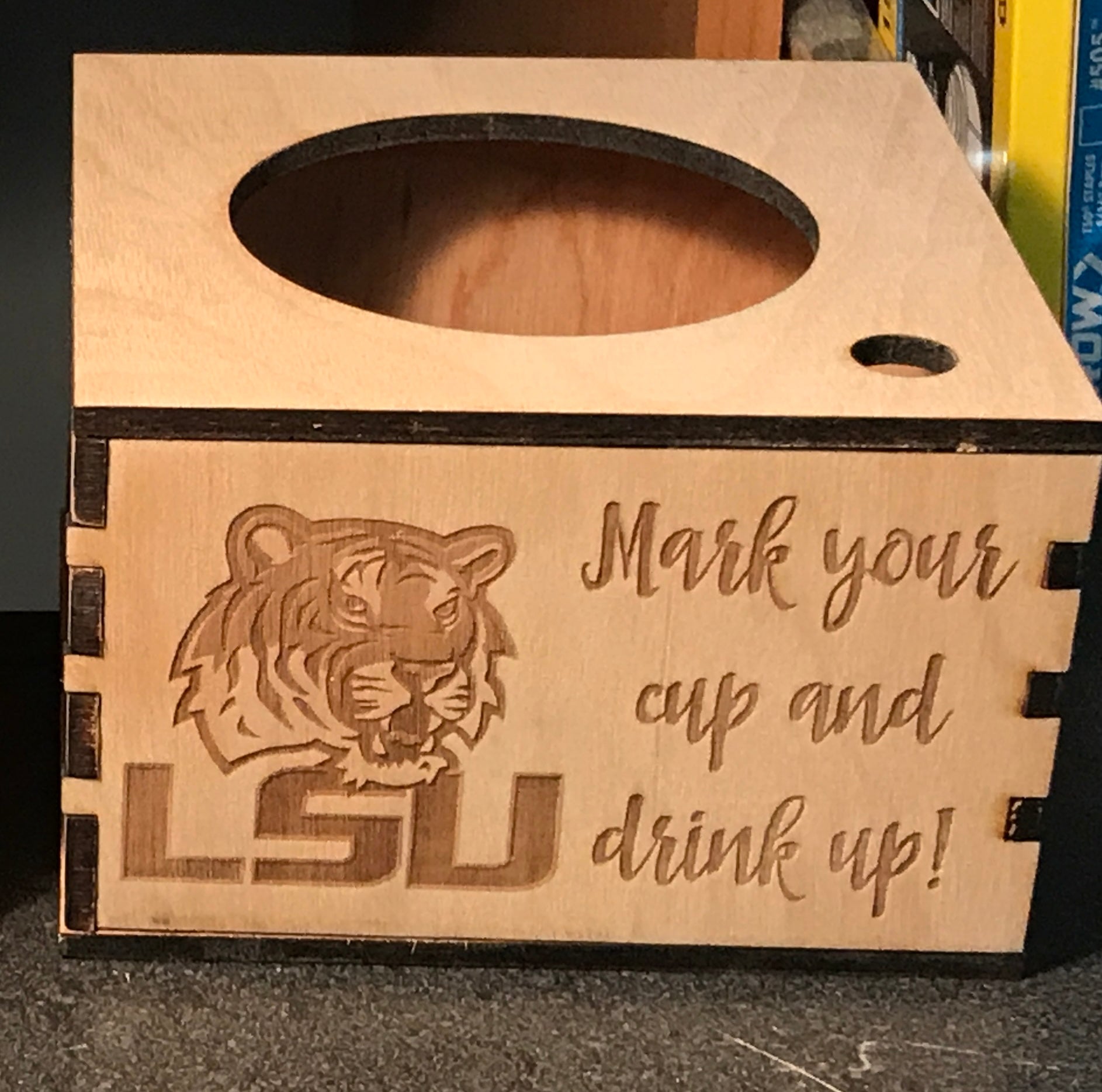LSU Solo Cup Dispenser Box - 'Mark Your Cup and Drink Up!' - Perfect for Tailgating & Parties