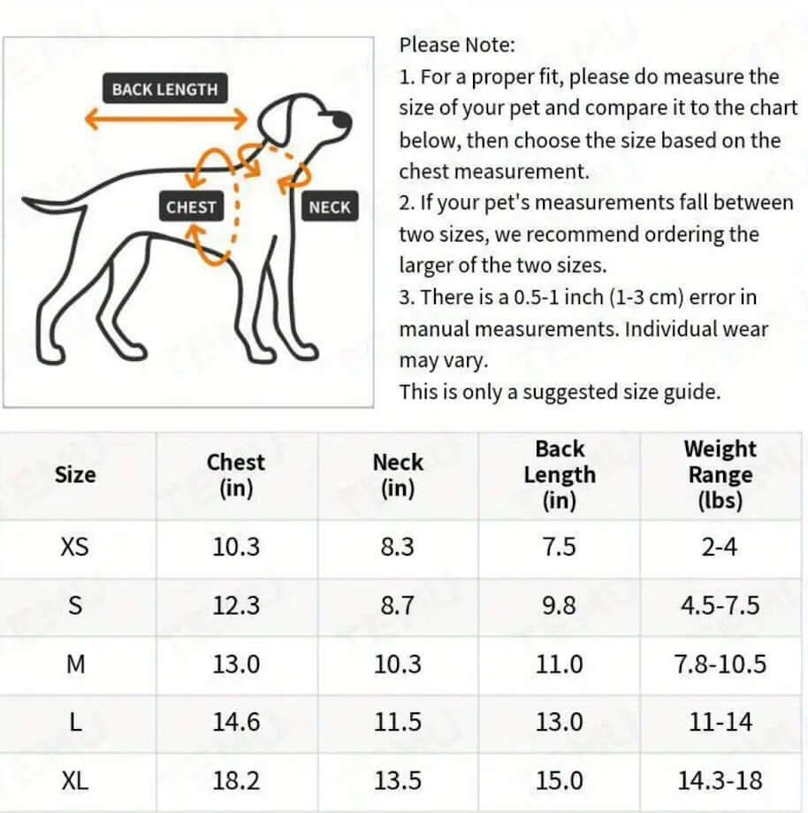 Dog Size Chart: Chest, Neck, Back Length & Weight. Find the Perfect Fit for Your Pup!