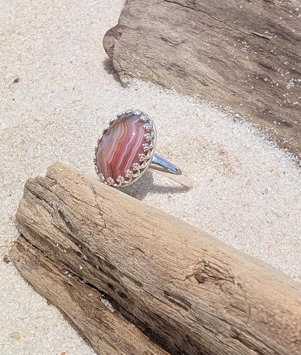 Crazy Lace Agate Ring Size 8 - Sterling Silver, Handmade Jewelry - Unique Pattern, Mississippi Crafted