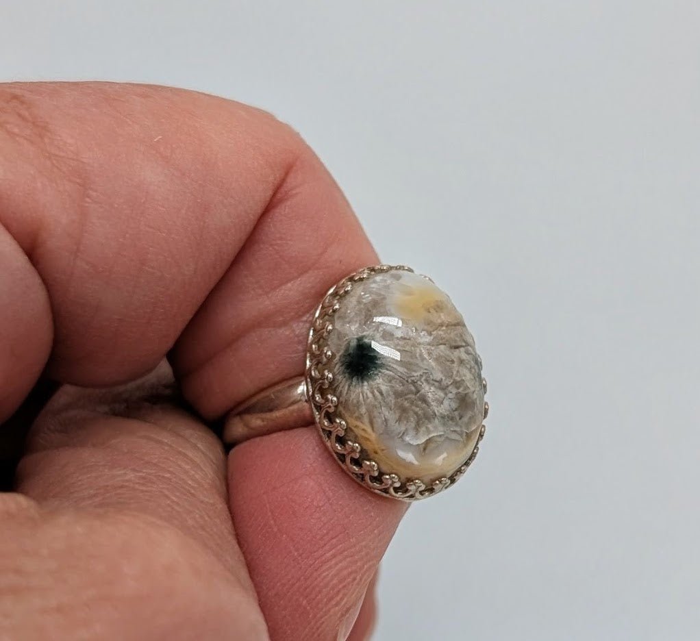 Ocean Jasper Ring, Sterling Silver Gallery Bezel, Green Inkspot, UNIQUE Gemstone, Size 8, Main Street Collective