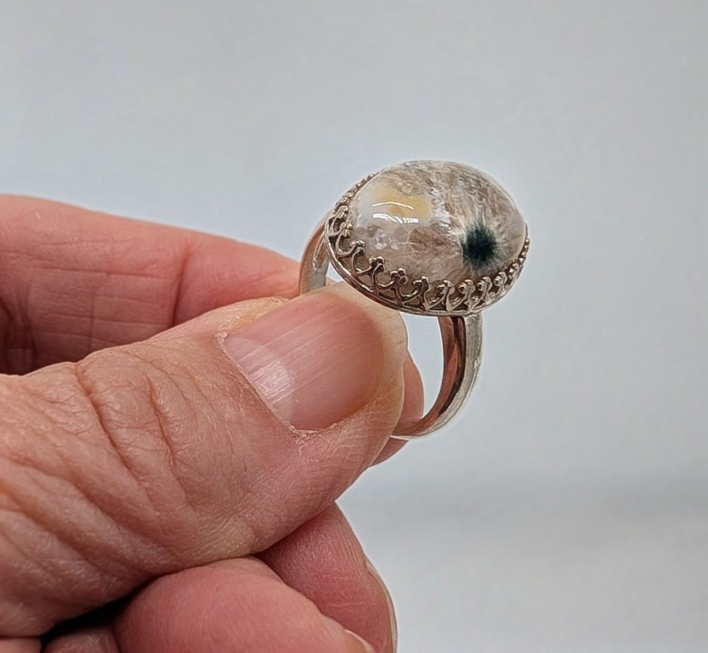 Ocean Jasper Ring Sterling Silver Size 8 - Unique Green Inkspot Gemstone Jewelry
