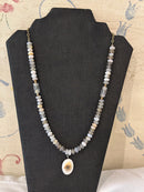 Soulful Designs 22" beaded necklace with Gray Agate bead and Lampwork glass, crystals, and Antique gold accents with shell pendant