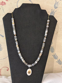 Soulful Designs 22" beaded necklace with Gray Agate bead and Lampwork glass, crystals, and Antique gold accents with shell pendant