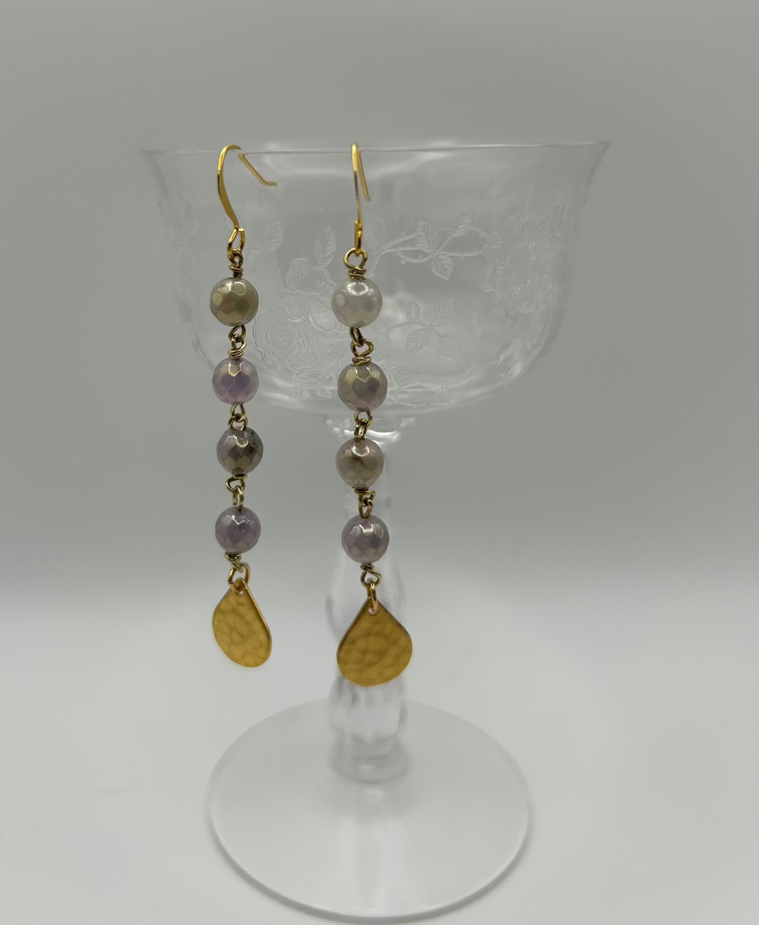 Handmade Lavender Dangle Earrings with Hammered Gold Teardrops | Mississippi Artisan Jewelry | Soulful Designs